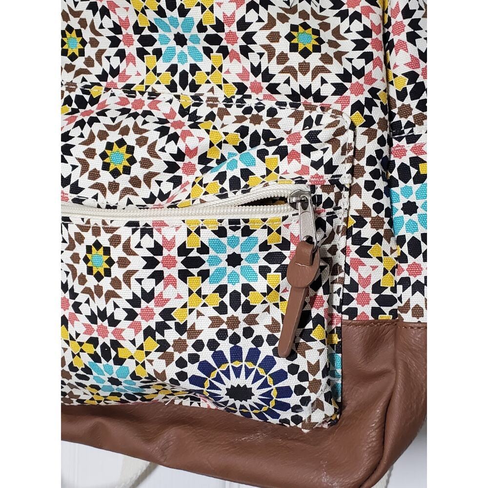 Colorful Mosaic Print Canvas Daypack with Faux Leather Trim & Front Pocket - Picture 2 of 10